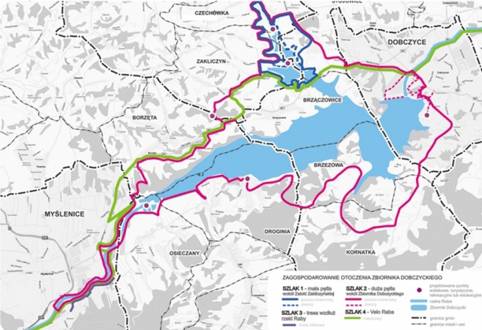 Plan ścieżek rowerowo-biegowych wokół Zalewu Dobczyckiego