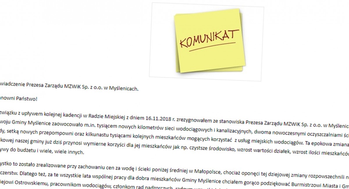 Myślenice: Prezes MZWiK rezygnuje ze stanowiska