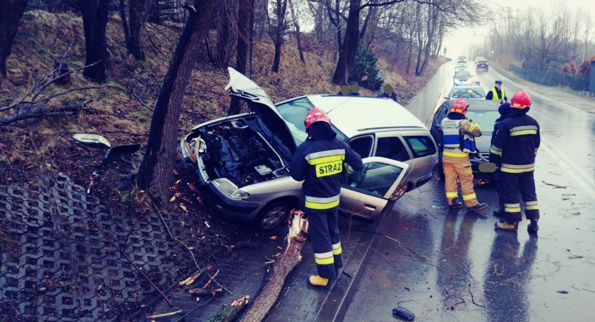 Stłuczka na Kasprowicza. Jeden samochód ściął drzewo