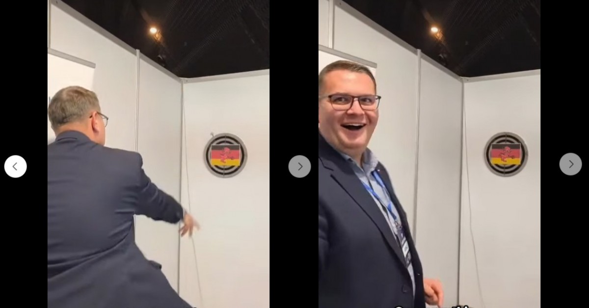 Flaga Niemiec czy karykatura diabła? W co burmistrz Jarosław Szlachetka celował rzutkami podczas konwencji PiS?