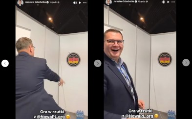 Flaga Niemiec czy karykatura diabła? W co burmistrz Jarosław Szlachetka celował rzutkami podczas konwencji PiS?
