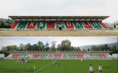Myślenice. Na trybunie stadionu Dalinu zamontowano krzesełka. Inwestycja nabiera kształtów