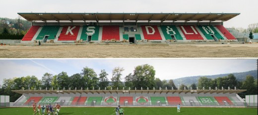Myślenice. Na trybunie stadionu Dalinu zamontowano krzesełka. Inwestycja nabiera kształtów