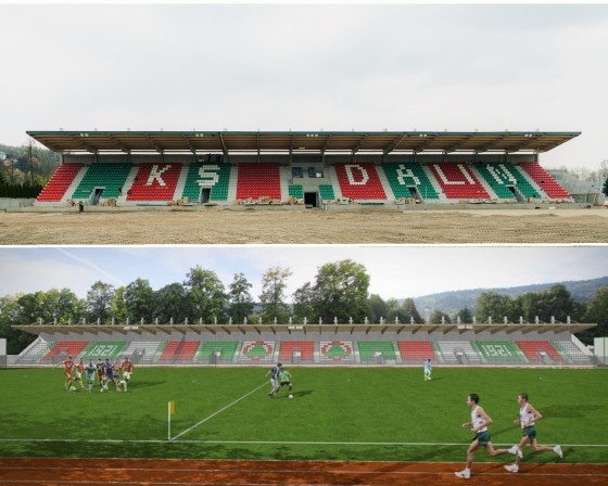 Myślenice. Na trybunie stadionu Dalinu zamontowano krzesełka. Inwestycja nabiera kształtów
