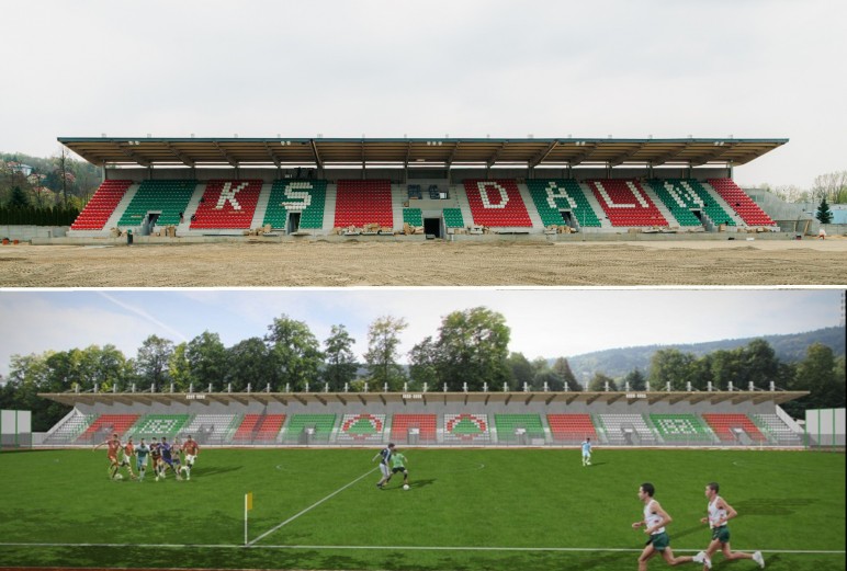 Myślenice. Na trybunie stadionu Dalinu zamontowano krzesełka. Inwestycja nabiera kształtów
