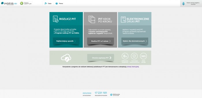 główny ekran przeglądarkowej wersji programu PIT Pro
